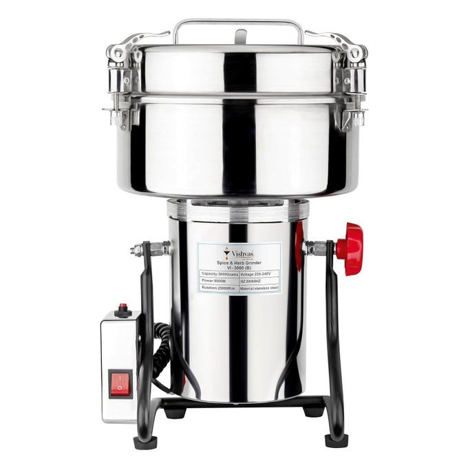 3000g Instant Large Commercial High Capacity Dry Masala Powder Spice Grinder Machine For Business Mixer Grinding Mill For Spices, Herbs and Dry Fruits Grain Crusher Stainless Steel -Silver