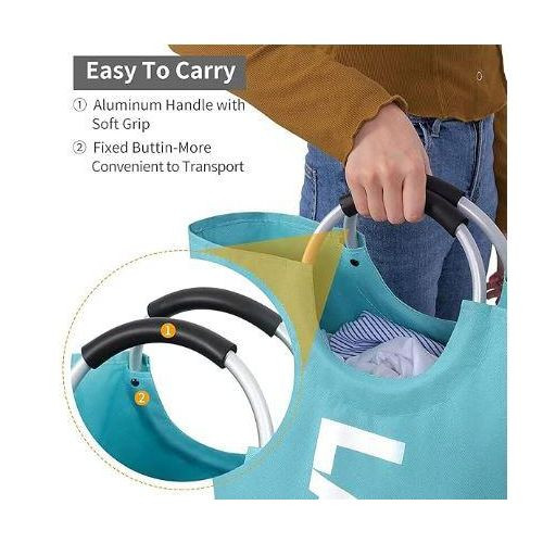 81L Large Laundry Basket Collapsible Fabric Laundry Hamper Tall Foldable Laundry Bag Handles Waterproof Portable Washing Bin Folding Clothes Bag Travel Shopping Bathroom College (Light Blue,L)