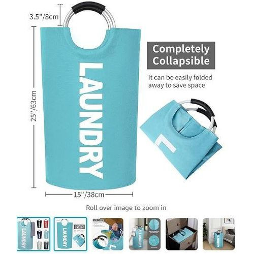 81L Large Laundry Basket Collapsible Fabric Laundry Hamper Tall Foldable Laundry Bag Handles Waterproof Portable Washing Bin Folding Clothes Bag Travel Shopping Bathroom College (Light Blue,L)