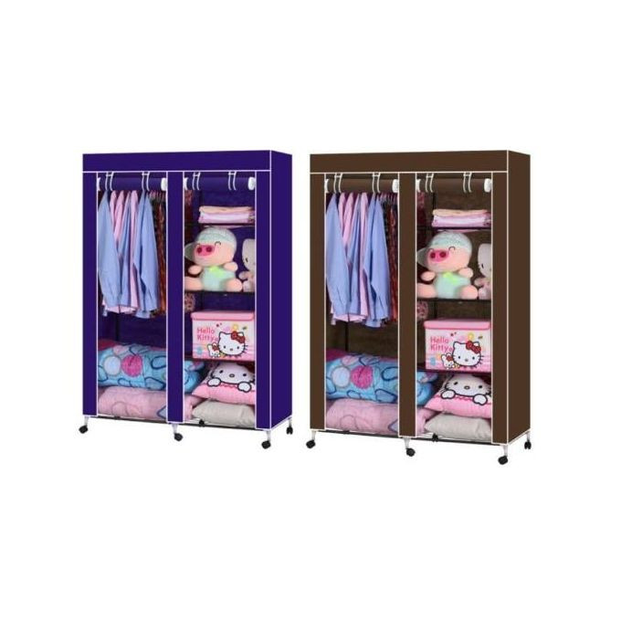 Double Column Portable Folding Fabric Storage Wardrobe-Brown
