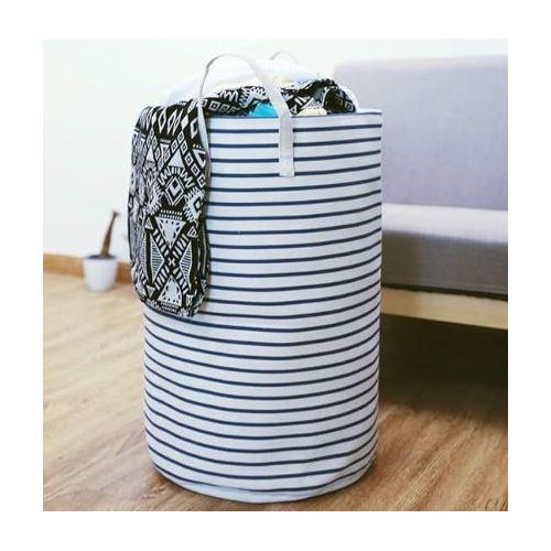 Foldable Striped Laundry Hamper Bucket Dirty Clothes Laundry Basket Home Organizer Storage Bin, Blue Stripe