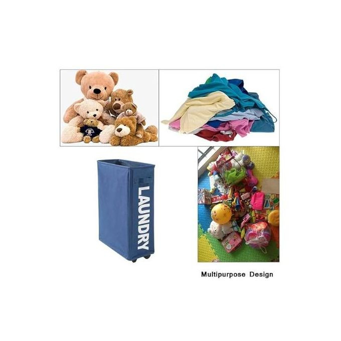 Slim Laundry Basket with Wheels, 23 Inch Rolling Laundry Hamper Collapsible Corner Storage Bins with Handle & Drawstring Mesh Cover for Dirty Clothes/Toys Storage L39xW18.5xH58cm(Navy Blue)