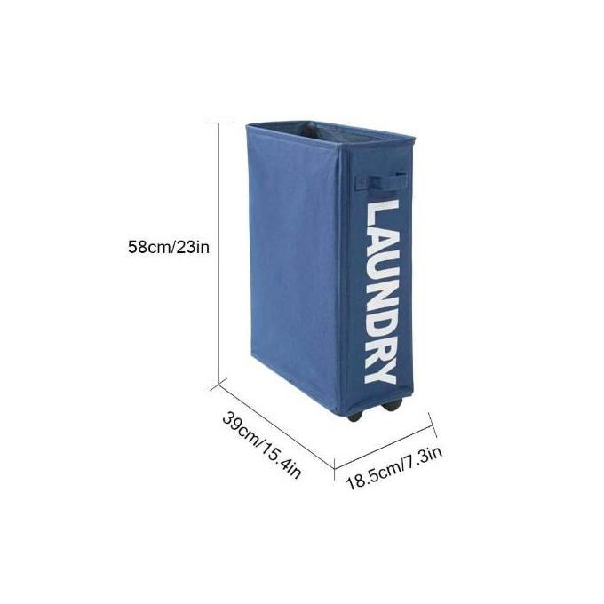 Slim Laundry Basket with Wheels, 23 Inch Rolling Laundry Hamper Collapsible Corner Storage Bins with Handle & Drawstring Mesh Cover for Dirty Clothes/Toys Storage L39xW18.5xH58cm(Navy Blue)