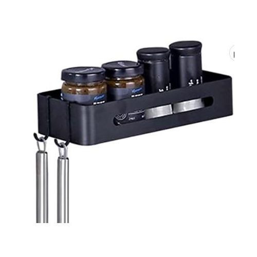 Kitchen Rail No Drill Kitchen/Bathroom Wall Rack with Hook Spice Shelf Wall Mounted Adhesive Aluminium For Kitchen Cabinets,Black B,1 Pack