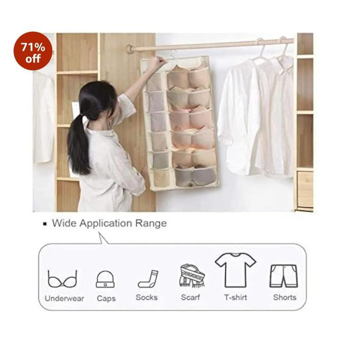 Double Sided 30 Pockets Clear Hanging Bag Socks Bra Underwear Rack Hanger Storage Organizer Wall Closet Shelves Non Woven Matrial (Ivory Pack Of Clothing, Beige) multicolor