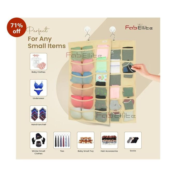 Double Sided 30 Pockets Clear Hanging Bag Socks Bra Underwear Rack Hanger Storage Organizer Wall Closet Shelves Non Woven Matrial (Ivory Pack Of Clothing, Beige) multicolor