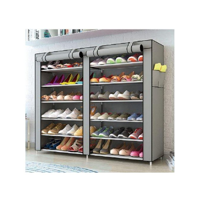 Double Row 6-Layer Modern Simple Stackable Shoe Rack with dust Cover to Store The Shoe Rack Grey