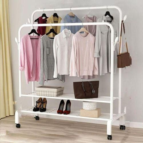 Generix Steel Carbon Double Pole Coat Rack Indoor Bedroom Clothes Drying Rail Balcony Hanging Clothes Shoes Rack Standing Storage Organizer - Multi Color