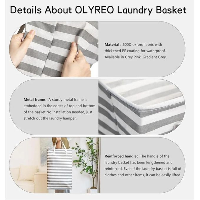 Laundry Hamper, Dirty Foldable Washing Basket for Laundry, Rectangle Freestanding Tall Cotton Collapsible Laundry Clothes Hamper with Mesh cover ,Handle for Clothes greyToys Storage in Bedrooms Laundry Room Bathroom