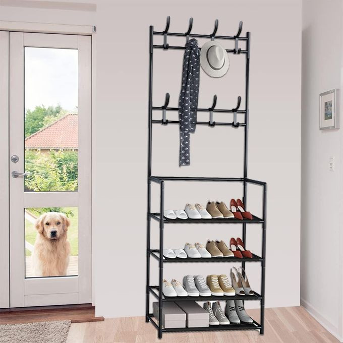 5-Tier Shoe Shelf And 8 Adjustable Metal Hooks Coat Rack,Shoe Rack Organizer Multifunctional Coat Rack Shoe Shelf,Apartment ,Bedroom